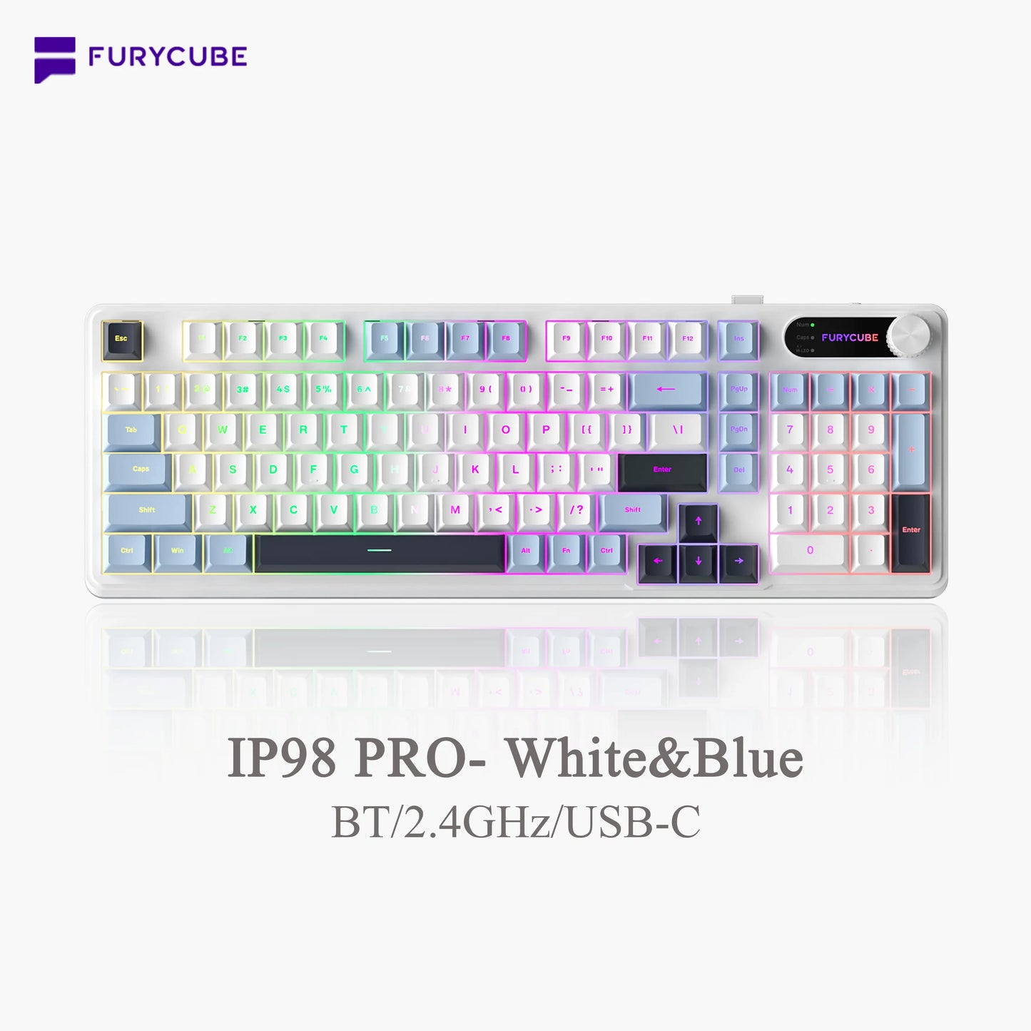 【NEW】FURYCUBE IP98 Foudation Office Keyboard, 98 Keys with Knob Wired/Wireless Cute Classic Keyboard with Number Pad, Custom Mechanical Feel Keyboard, RGB Backlit Work/Office/Gaming Silent Keyboard, Quiet Typing, Mothersdaygift Tiktokshopspringglowup