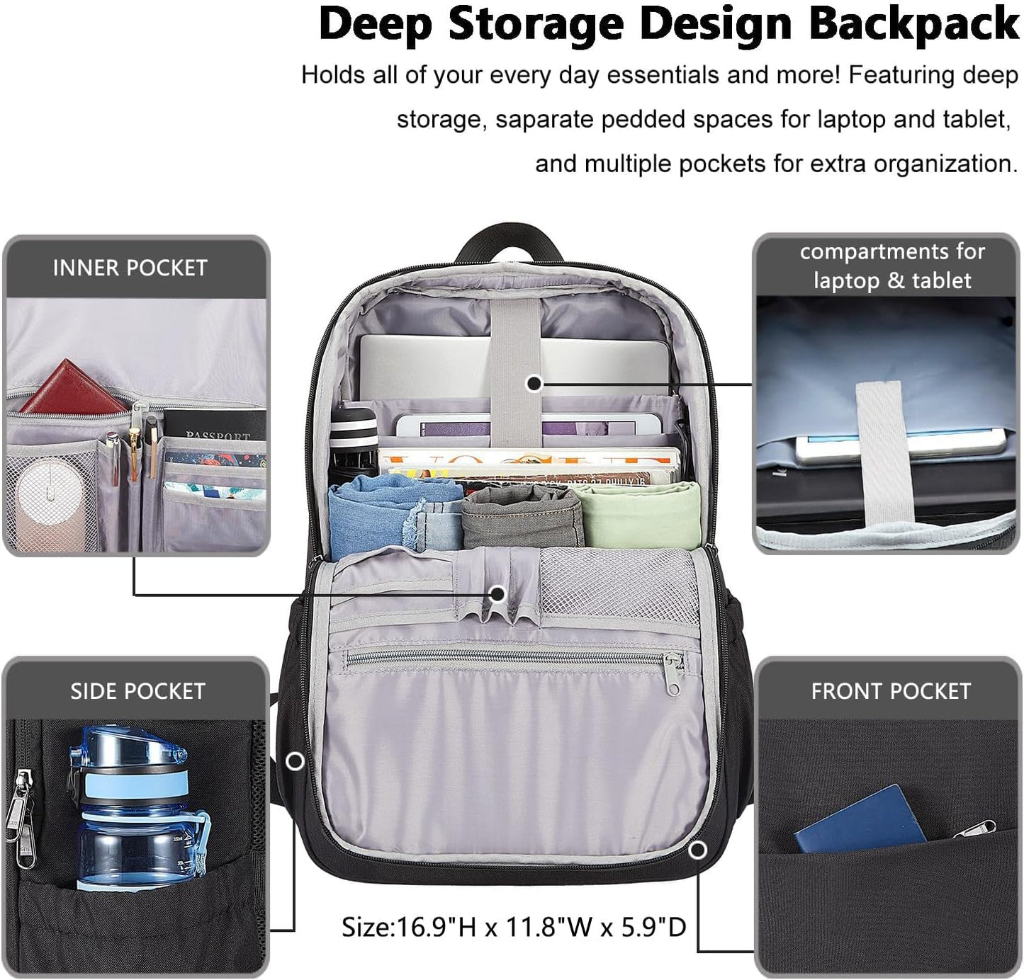 Professional Anti-Theft Deep Storage Laptop Backpack - Water Resistant College Bookbag for 15 Inch Laptops in Black