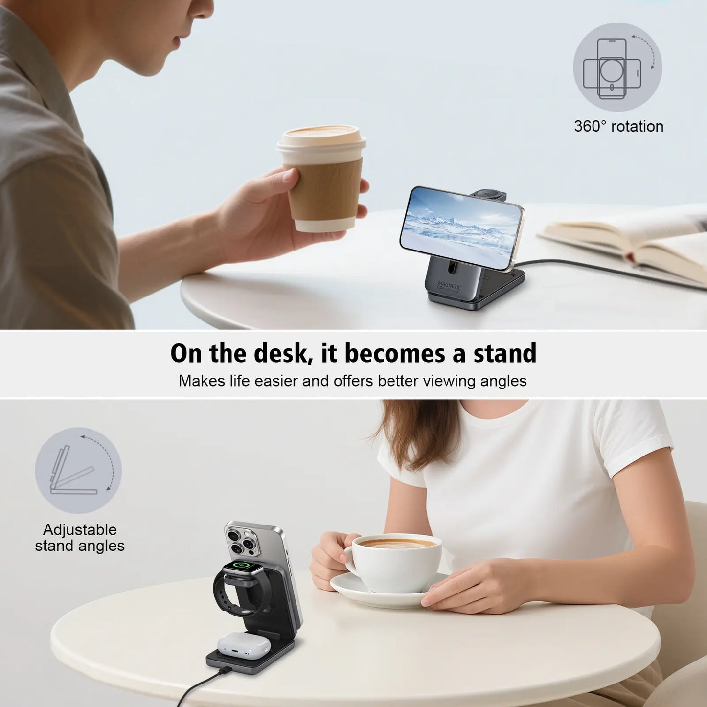 Wireless Charging Station 3 in 1 Folding Fast Magnetic Wireless Charger for Apple Devices Compatible with Iphone 16 15 14 13 12 Series, for Airpods 4/3/2/Pro, for Iwatch 3-10 SE Ultra