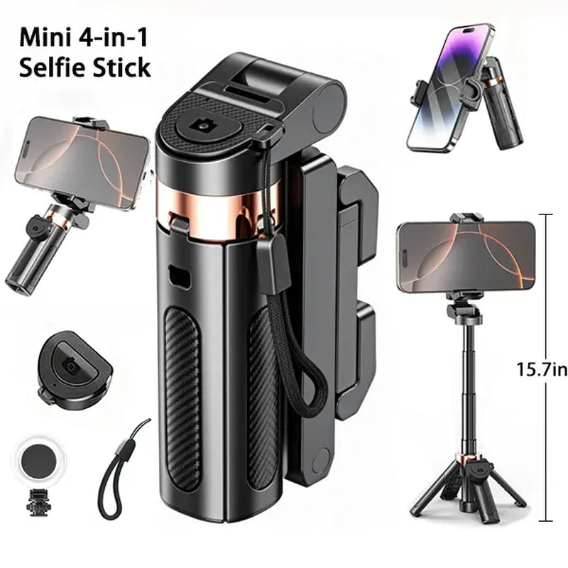 2026New 4-In-1 Mini Adjustable Tripod with 360 Rotation. It Features Wireless Bluetooth Shutter Control and a Clip-On Phone Holder. Suitable for Selfie , Video Grabar . Compatible with Most Smartphones , with a Maximum Extension of 15.7In Tiktokshopspring