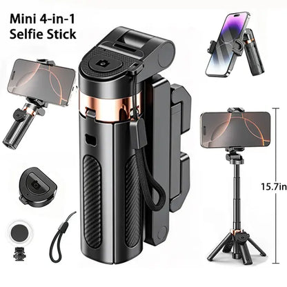 2026New 4-In-1 Mini Adjustable Tripod with 360 Rotation. It Features Wireless Bluetooth Shutter Control and a Clip-On Phone Holder. Suitable for Selfie , Video Grabar . Compatible with Most Smartphones , with a Maximum Extension of 15.7In Tiktokshopspring